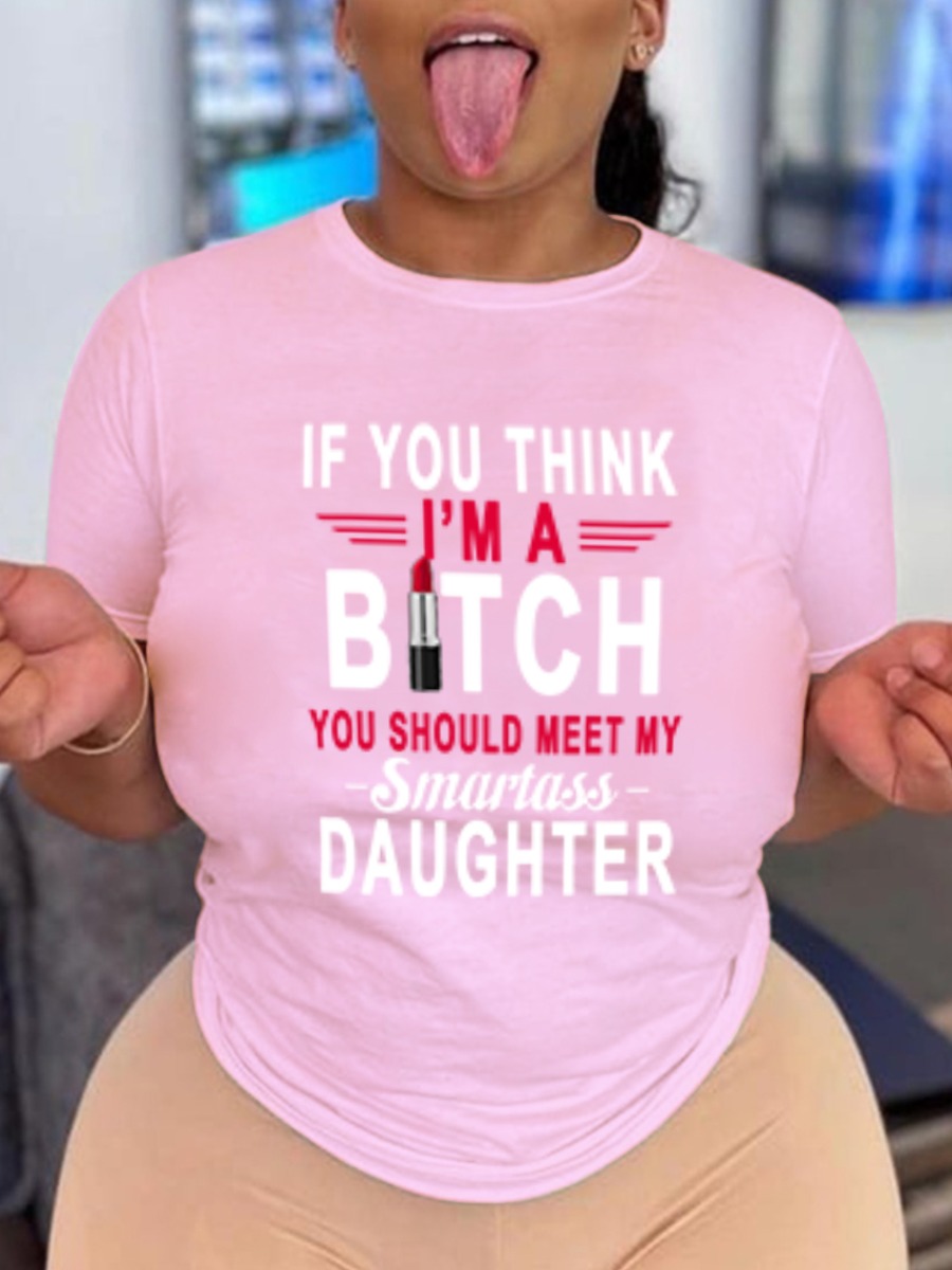 

LW Round Neck Letter Print T-shirt, Pink