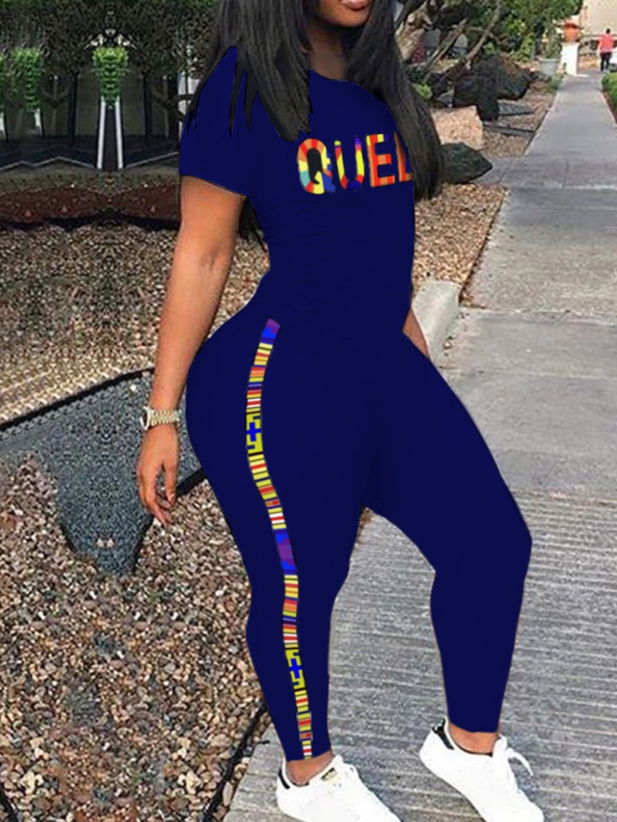 

LW Plus Size Queen Letter Print Striped Pants Set, Blue
