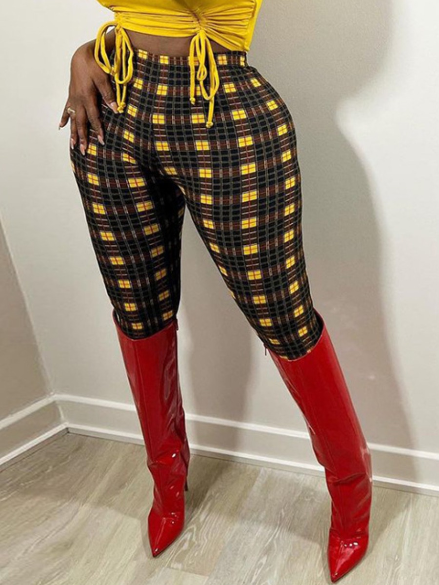 

LW Mid Waist Plaid Print Pants, Yellow