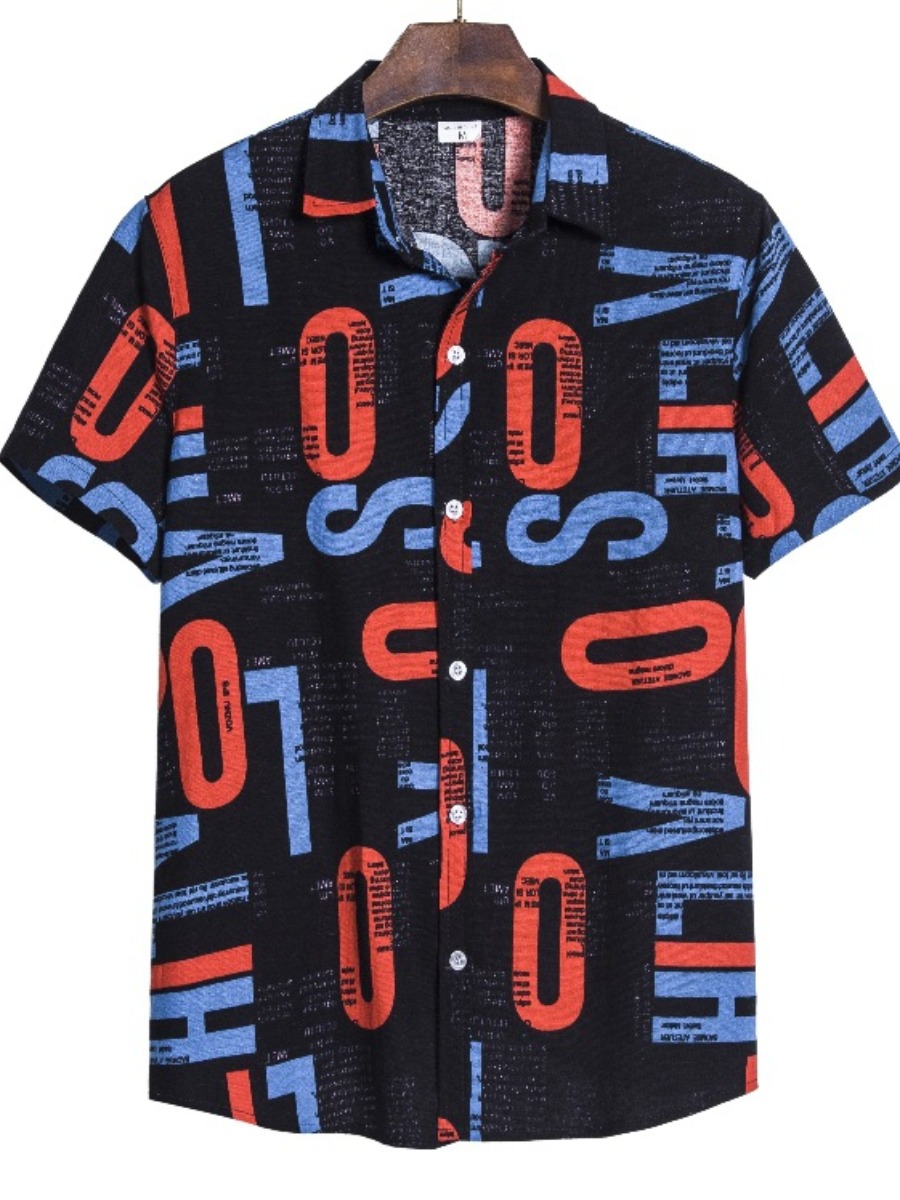 

LW Men Letter Print Loose Shirt, Dark blue