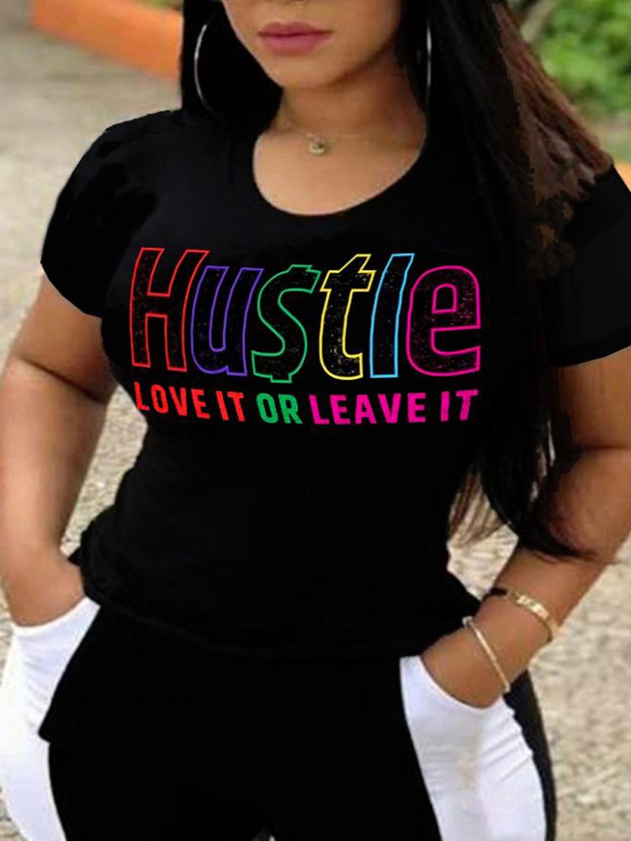 

LW Plus Size Round Neck Letter Print T-shirt, Black
