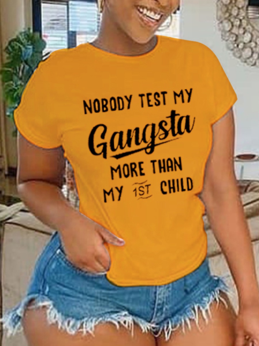

LW Round Neck Letter Print T-shirt, Deep yellow