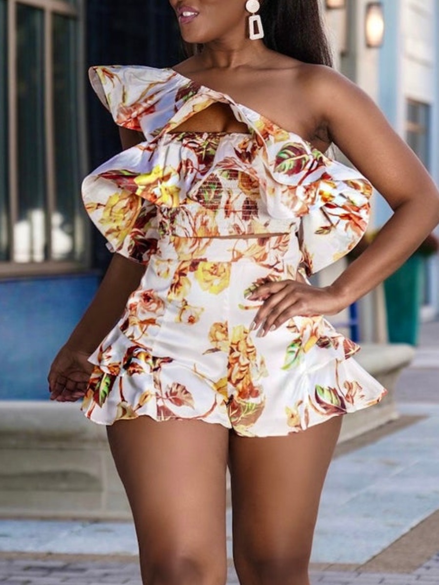 

LW Floral Print Flounce Design Shorts Set, Beige