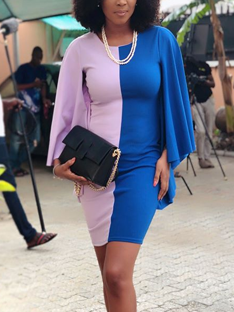 

LW Wide Sleeve Patchwork Bodycon Dress, Blue
