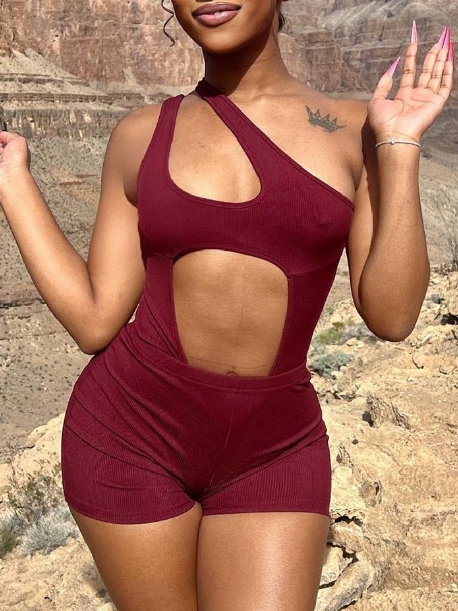 

LW One Shoulder Cut Out Romper, Wine red