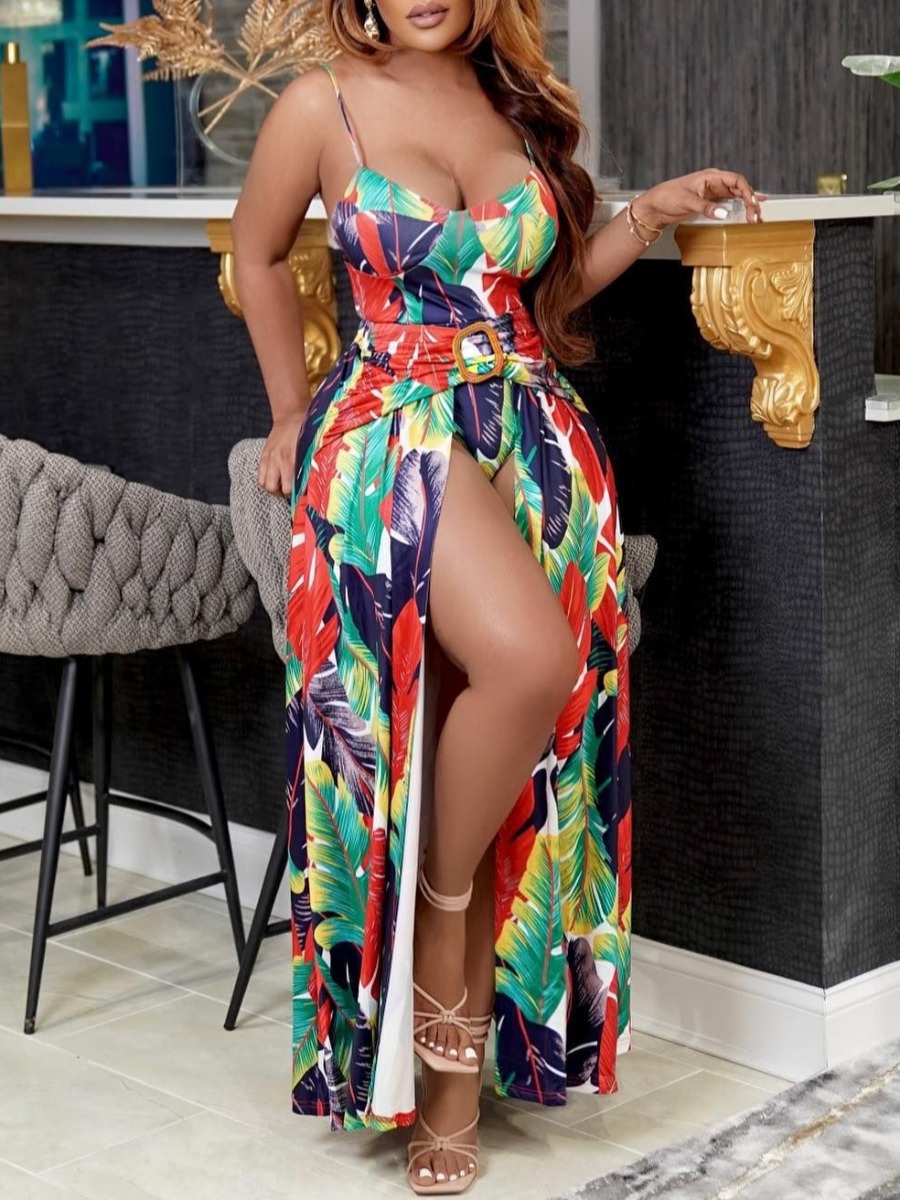 

LW Floral Print High Slit A Line Dress, Red