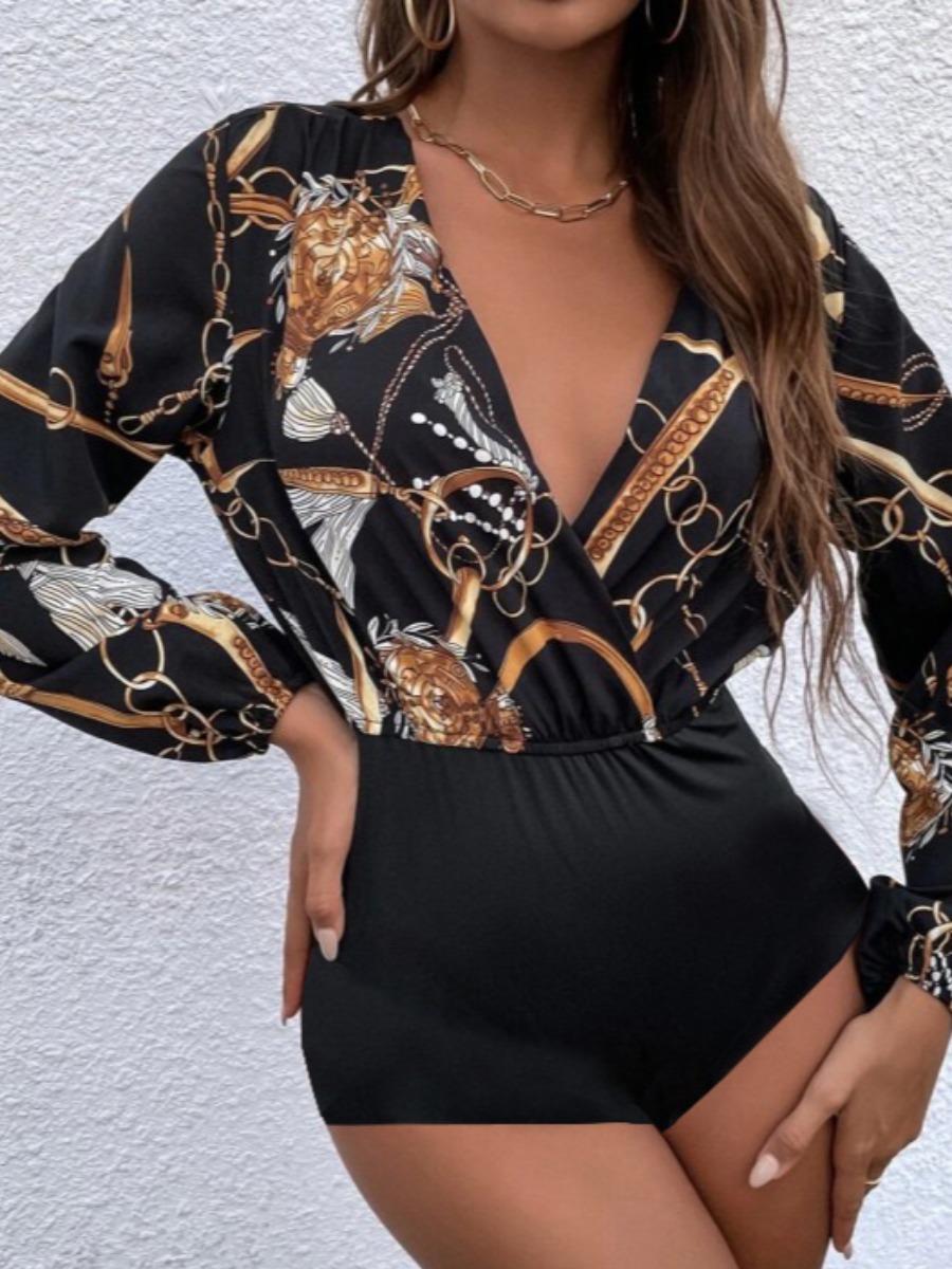 

LW SXY V Neck Chain Print Romper, Black