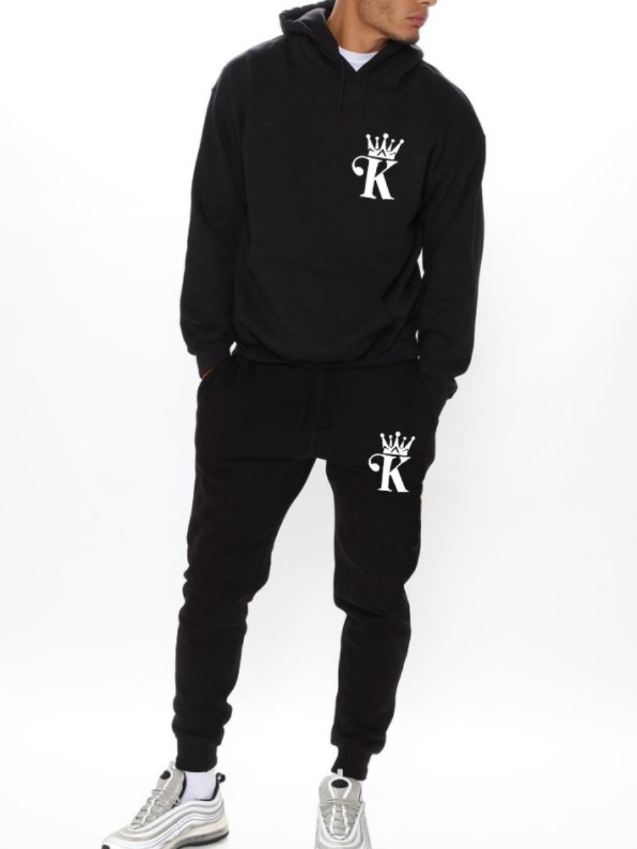 

LW BASICS Men Crown Letter Print Sweatsuit Set, Black