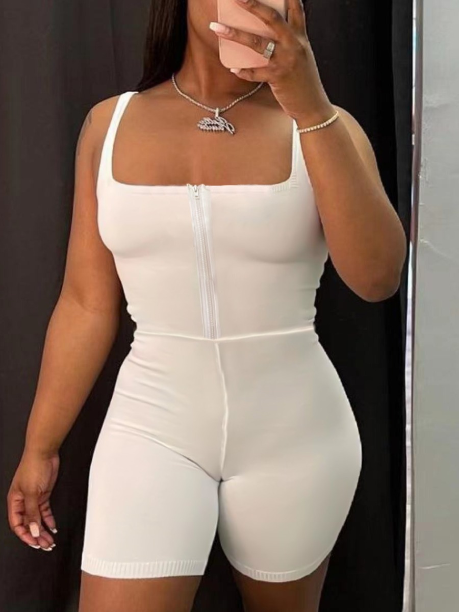 

LW Zipper Design Cami Romper, White