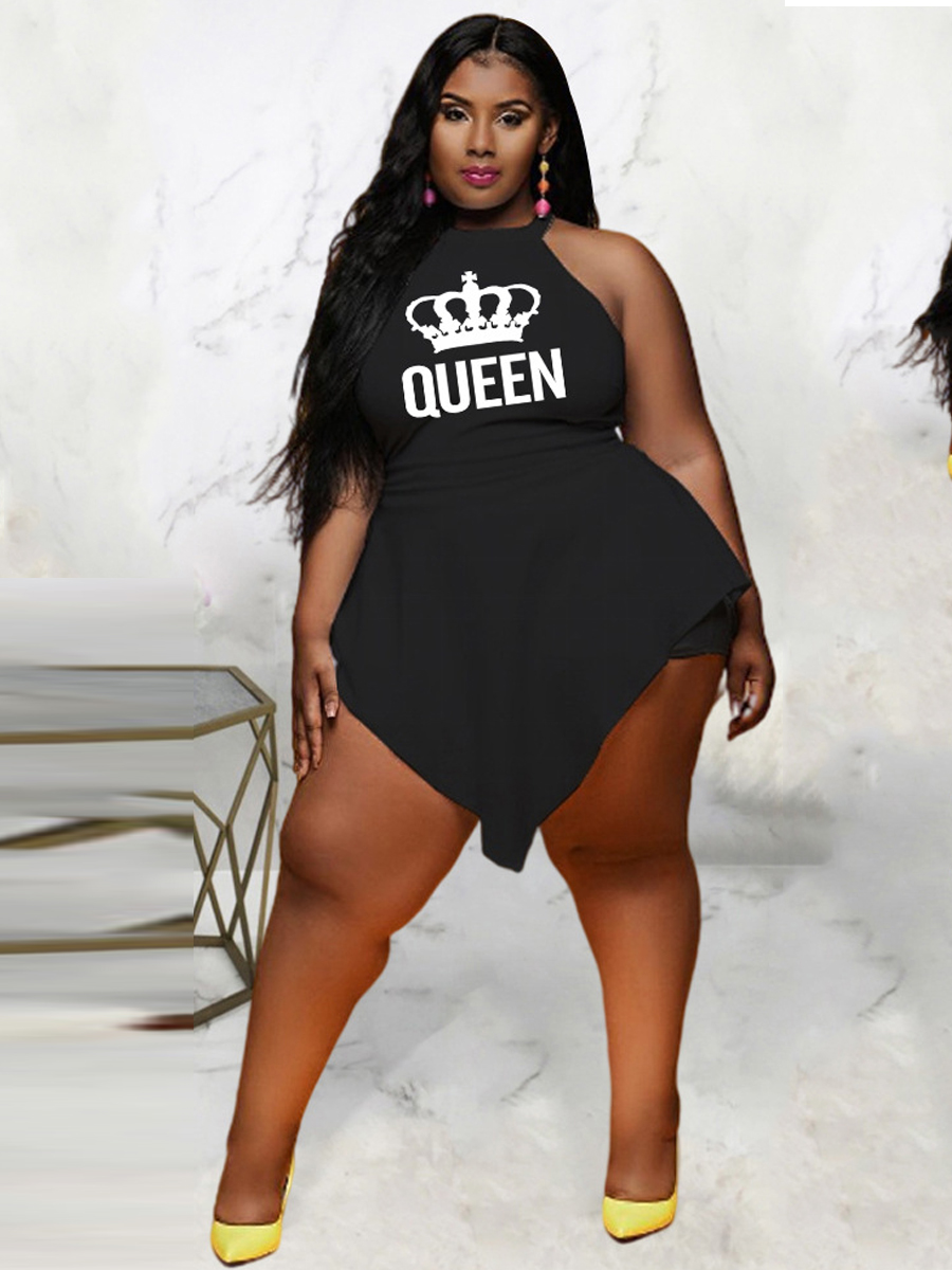 LW Plus Size Queen Print Overlay Skirt Romper