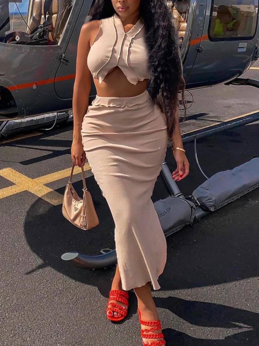 

LW SXY Rib-Knit Slit Skirt Set, Apricot