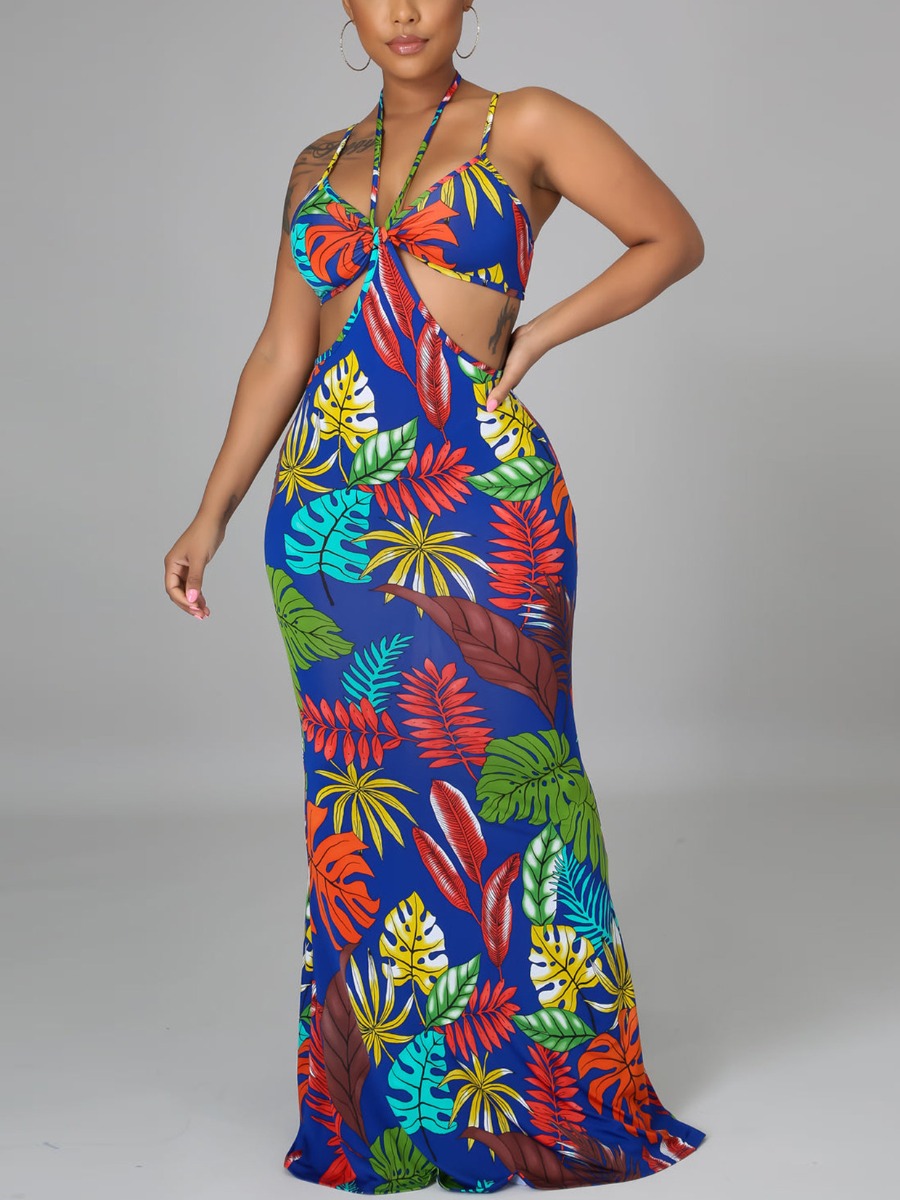 

LW Floral Print Cut Out Trumpet Dress, Multi