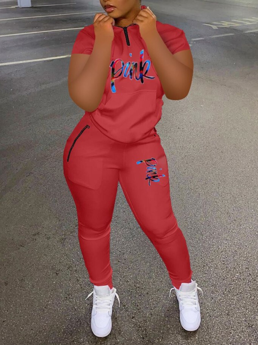 LovelyWholesale Pink Letter Print Pants Set Spring Short Sleeve Casual Pocket Design Mandarin Collar Spring Summer 2024