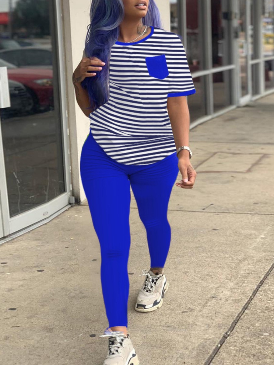 

LW COTTON Plus Size Striped Pocket Design Pants Set, Blue