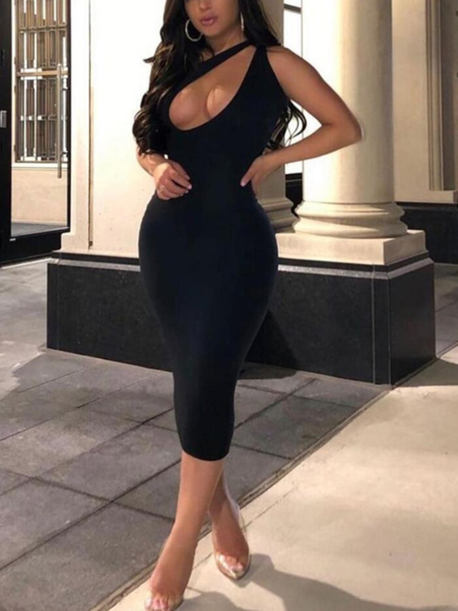 

LW SXY One Shoulder Cut Out Bodycon Dress, Black