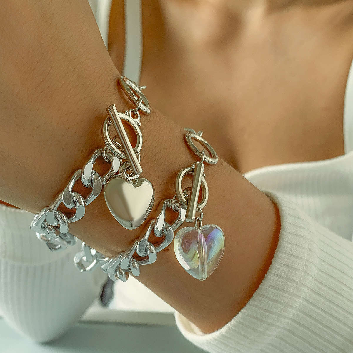 

LW Chain Heart Decor Double-layer Bracelet, Silver