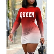 LW EDGE Casual O Neck Letter Print Red Mini Dress