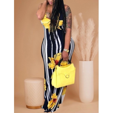 

LW SXY Plus Size Floral Print Striped Cami Dress, Yellow