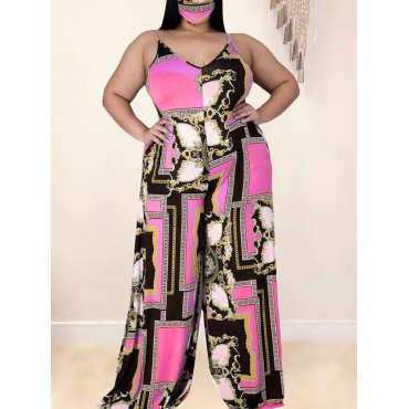 

LW Plus Size Mixed Print Wide Leg Jumpsuit, Pink