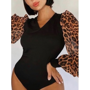 

LW Plus Size Leopard Print Split Sleeve Bodysuit, Black