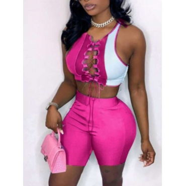 

LW Street Bandage Hollow-out Design Rose Red Two Piece Shorts Set