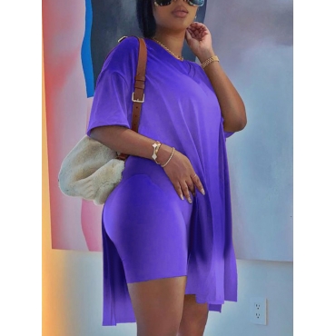 

LW Casual Dropped Shoulder Split Purple Two Piece Shorts Set