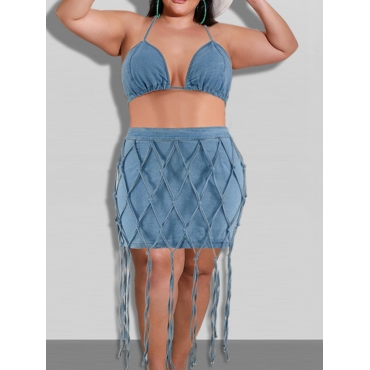 

LW SXY Plus Size Tassel Design Backless Denim Skirts Set, Blue