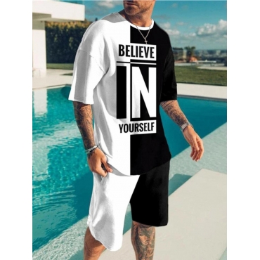 

LW Men Dropped Shoulder Letter Print Shorts Set, Black