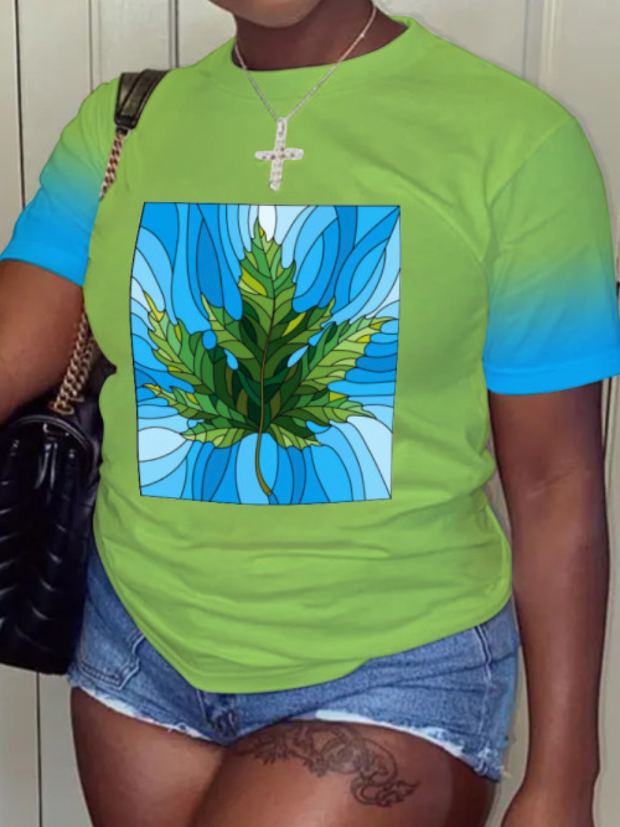 

LW Plus Size Gradient Floral Print T-shirt, Green