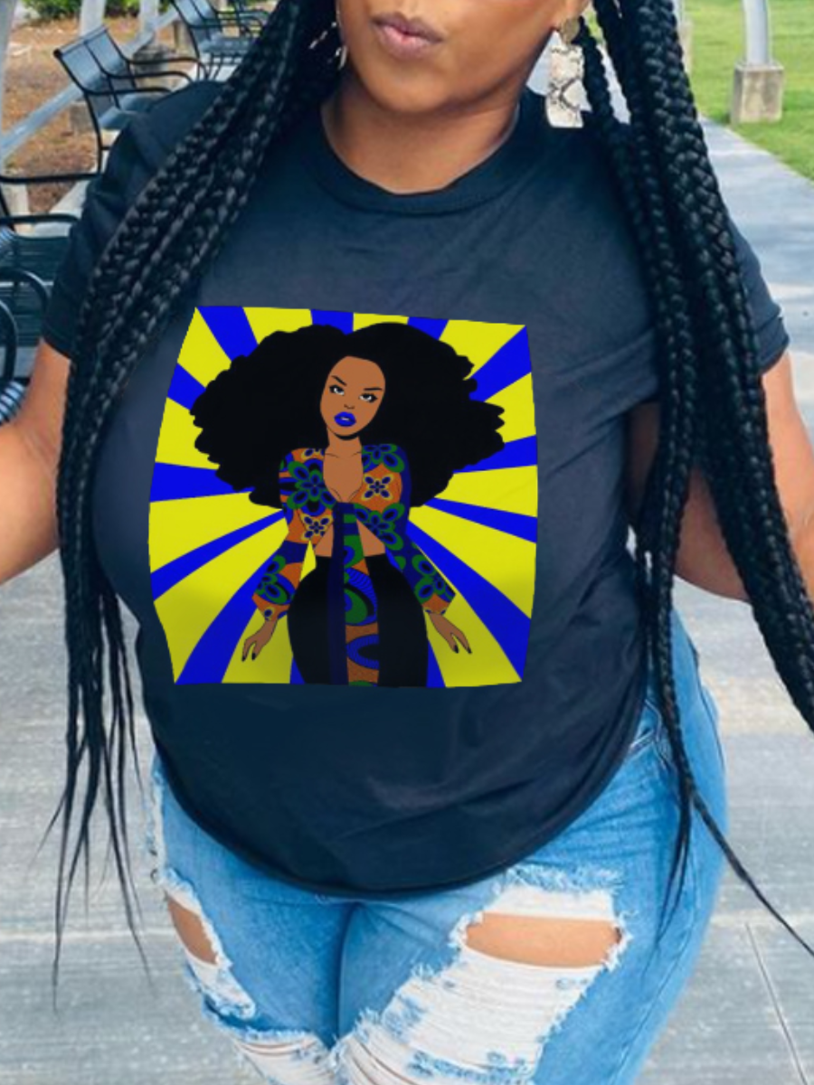 

LW Plus Size Figure Print Patchwork T-shirt, Black