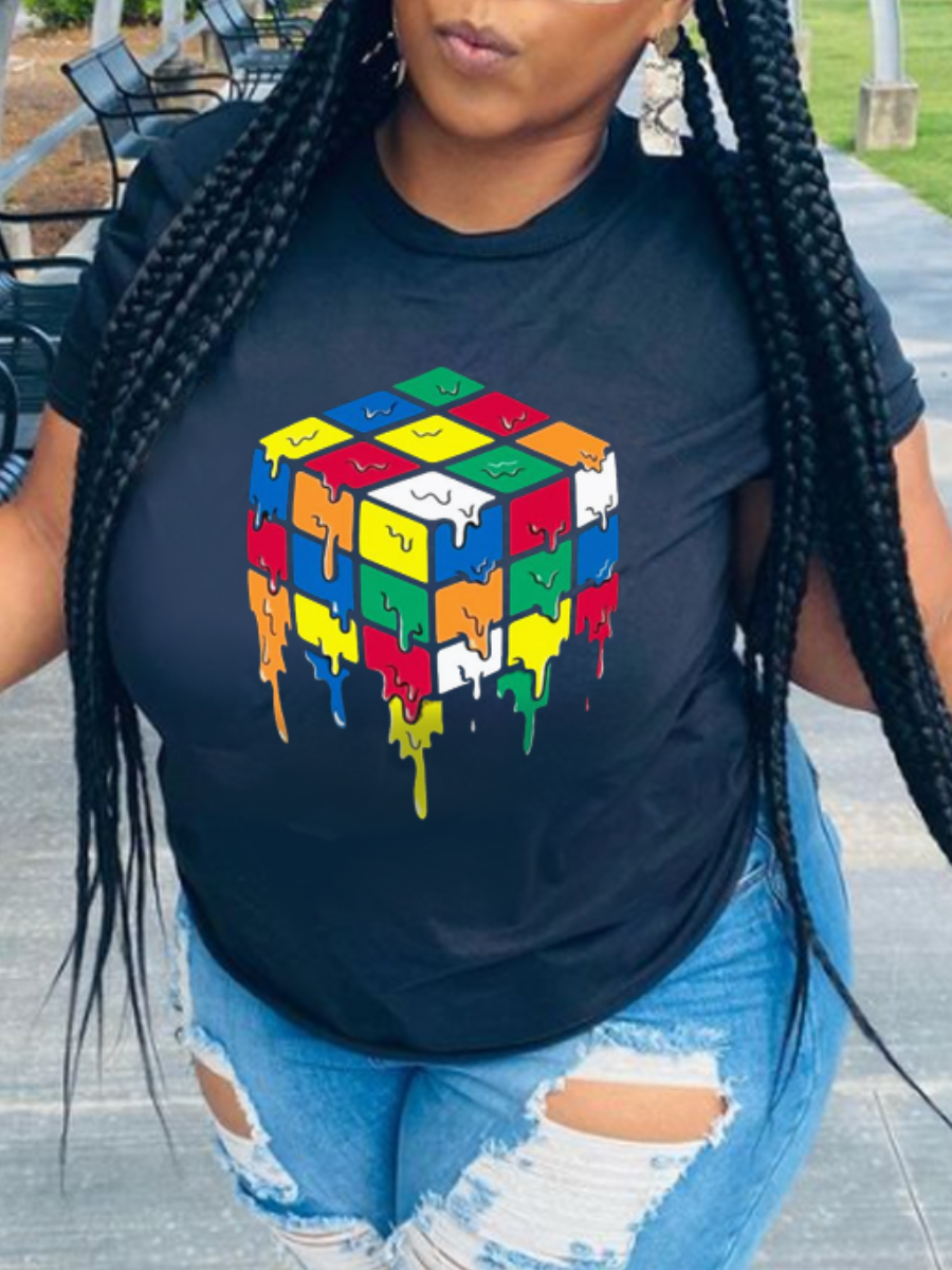 

LW Plus Size Rubik s Cube Patchwork T-shirt, Black