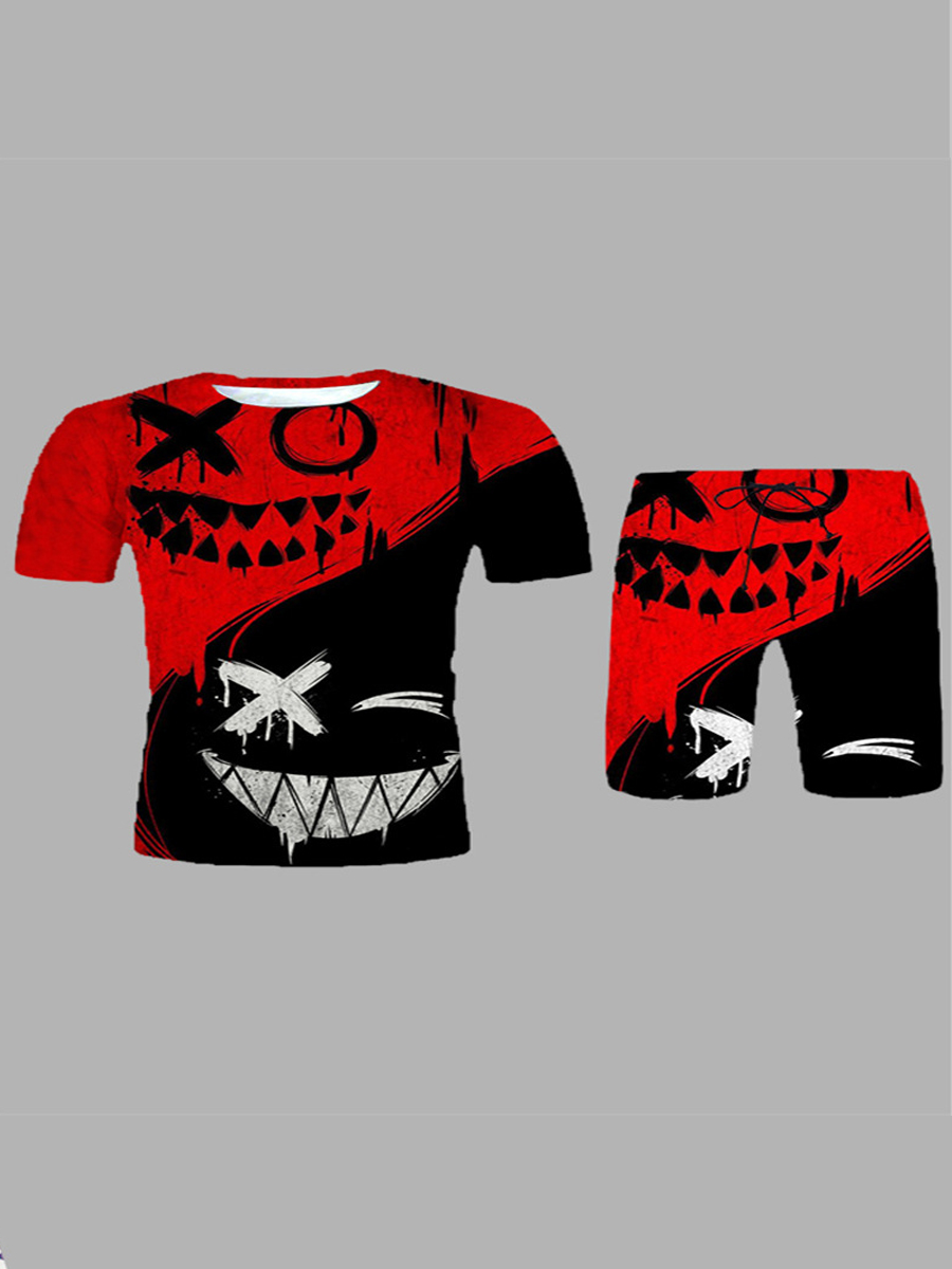 

LW Men Street Graffiti Print Patchwork Red Two Piece Shorts Set