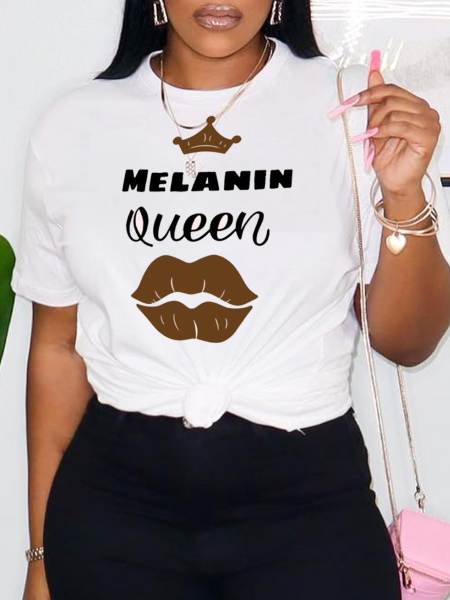 

LW BASICS Plus Size Polyester Queen Letter Lip Print Regular T-shirt, White