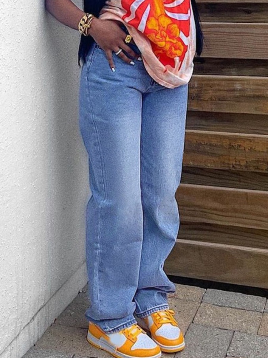 

LW Mid Waist Straight Stretchy Jeans, Blue