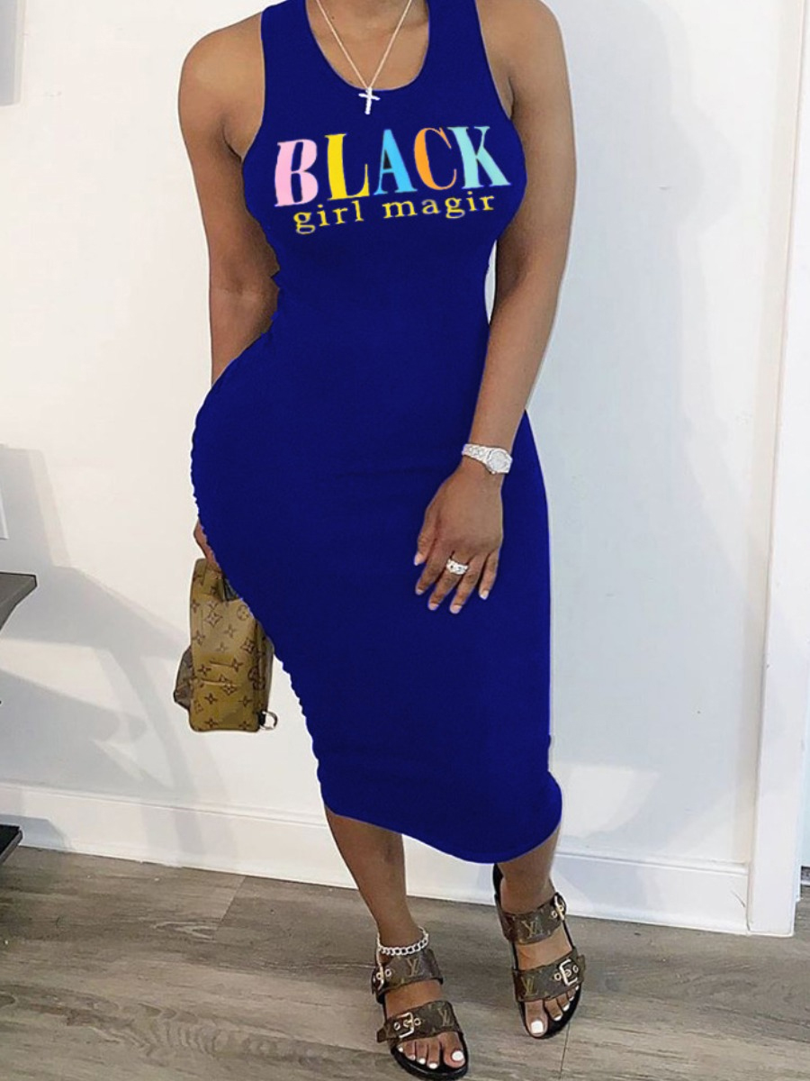

LW Letter Print Bodycon Cami Dress, Blue