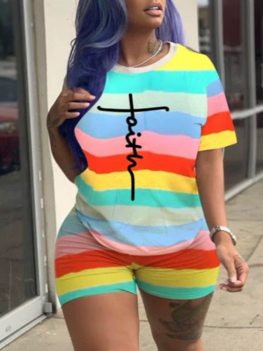 

LW Plus Size Faith Letter Print Striped Shorts Set, Multicolor stripe