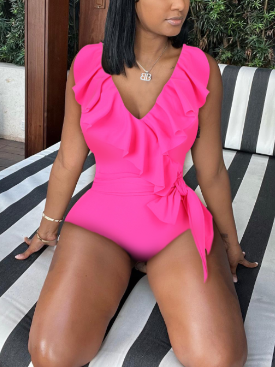 

LW Bandage Flounce Design One-piece Swimsuit, Rose red