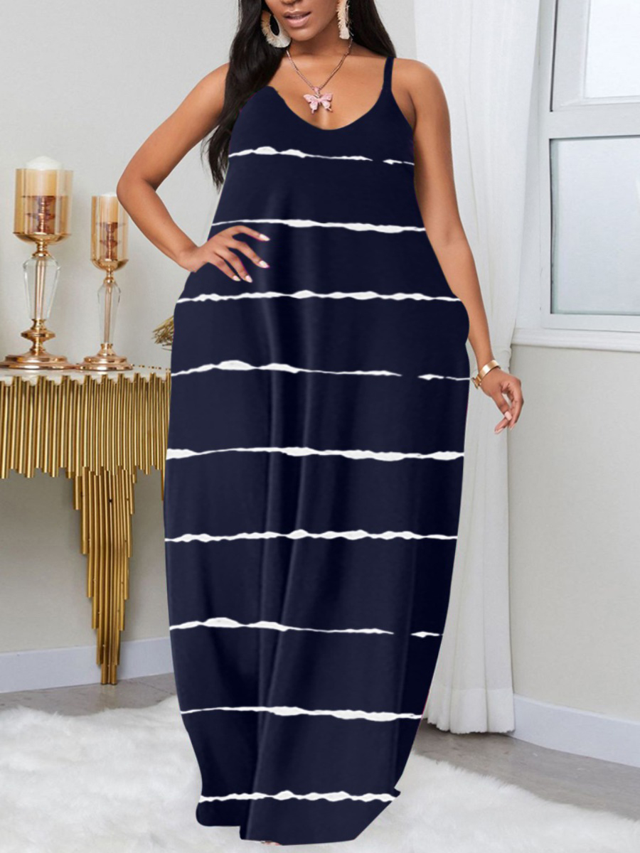 LW Plus Size Casual V Neck Print Dark Blue Floor Length A Line Dress