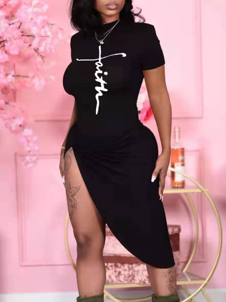 

LW Faith Letter Print Thigh Slit Dress, Black