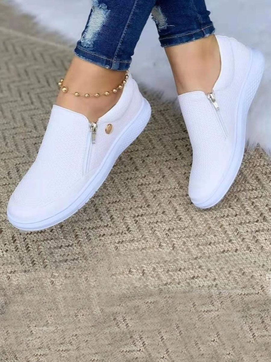 

LW Round Toe Zipper Design Flats, White