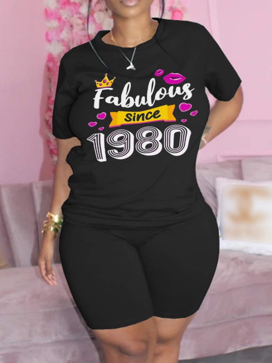 

LW Plus Size Letter Crown Print Shorts Set, Black