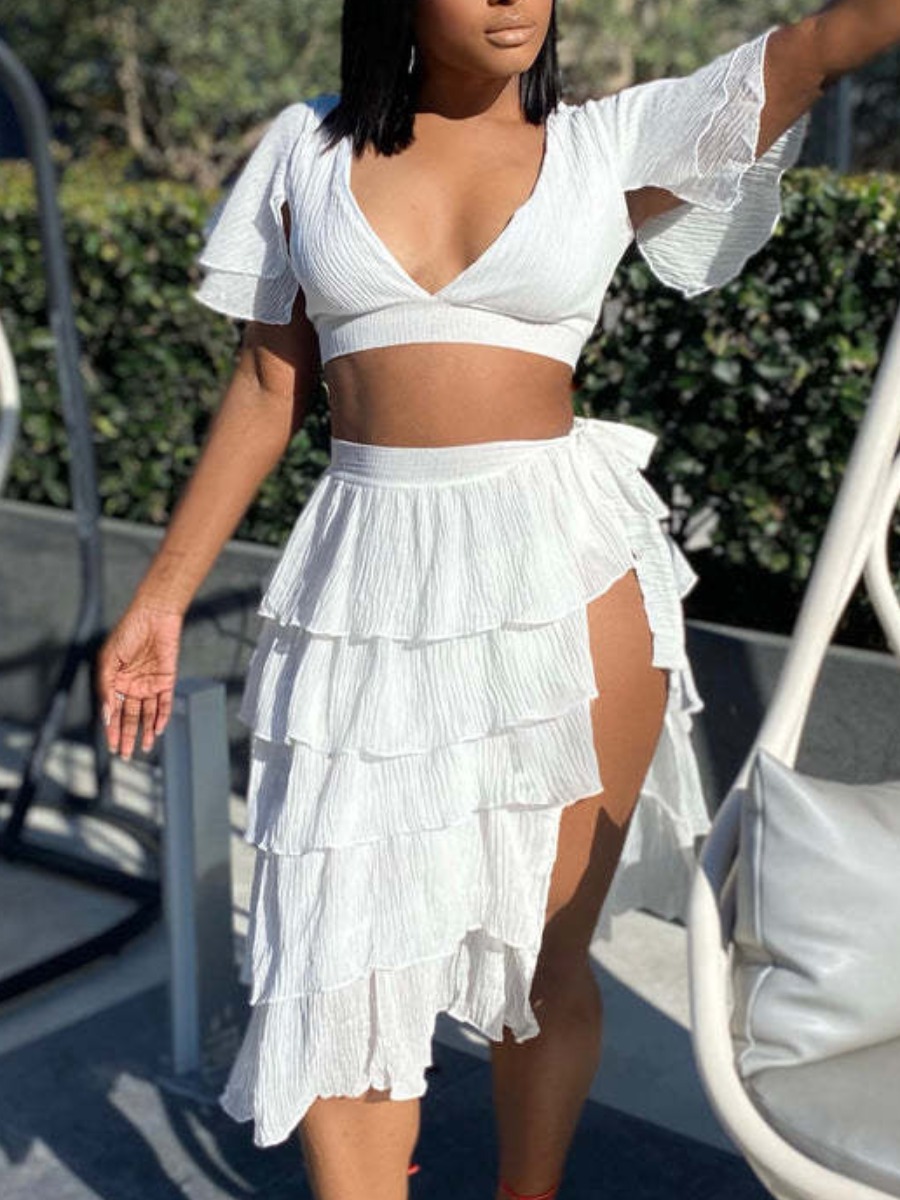 

LW Crop Top Layered Cascading Skirt Set, White