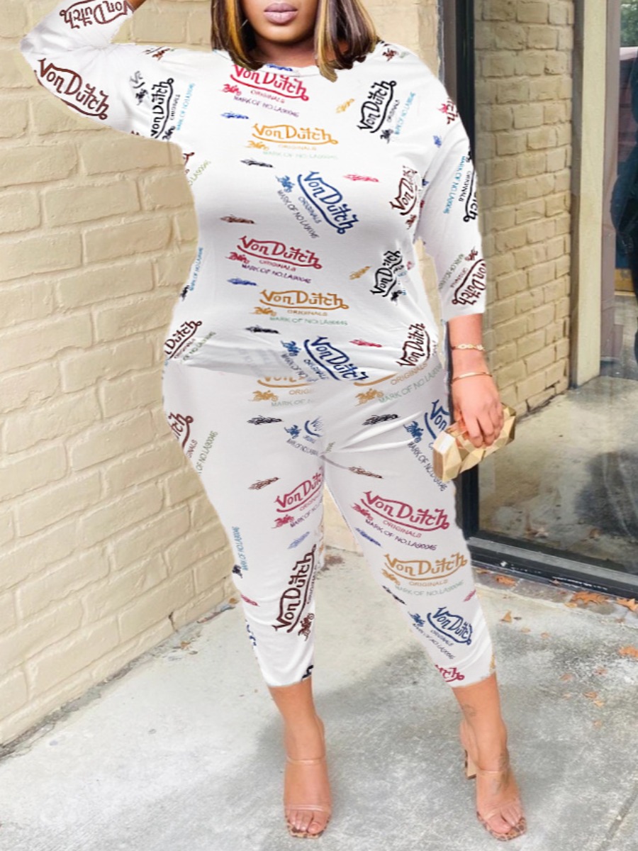 

LW Plus Size Round Neck Letter Print Pants Set, White