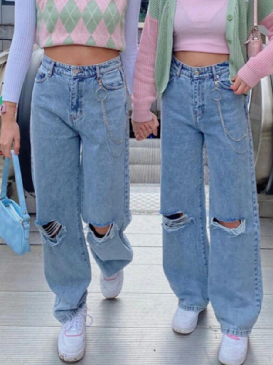 

LW Ripped Chain Decor Jeans, Baby blue