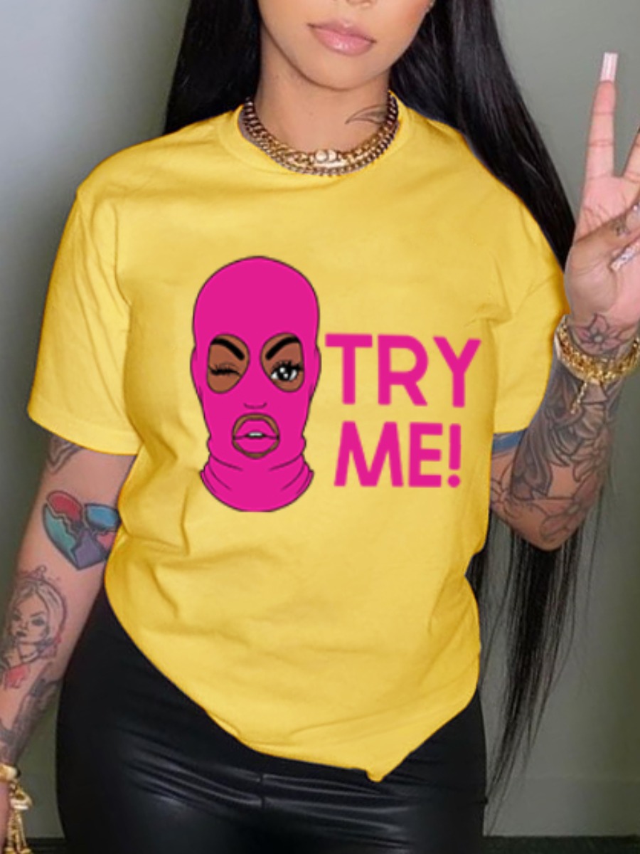 

LW Masked Face Letter Print T-shirt, Yellow