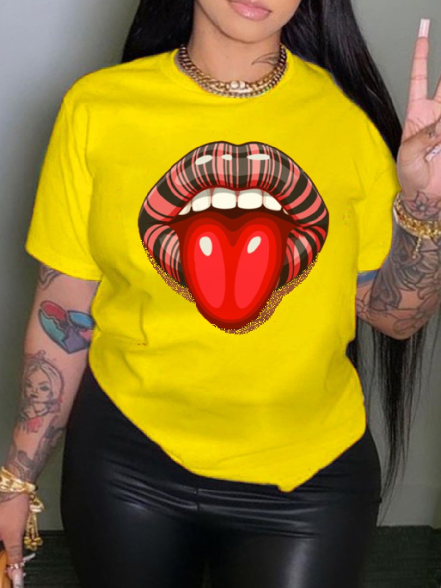 

LW Round Neck Lip Print T-shirt, Yellow