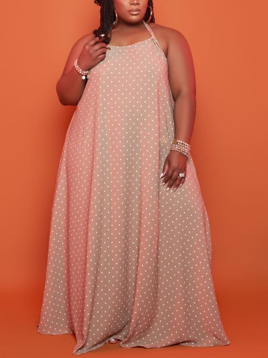 

LW Plus Size Dot Print Backless A Line Dress, Apricot