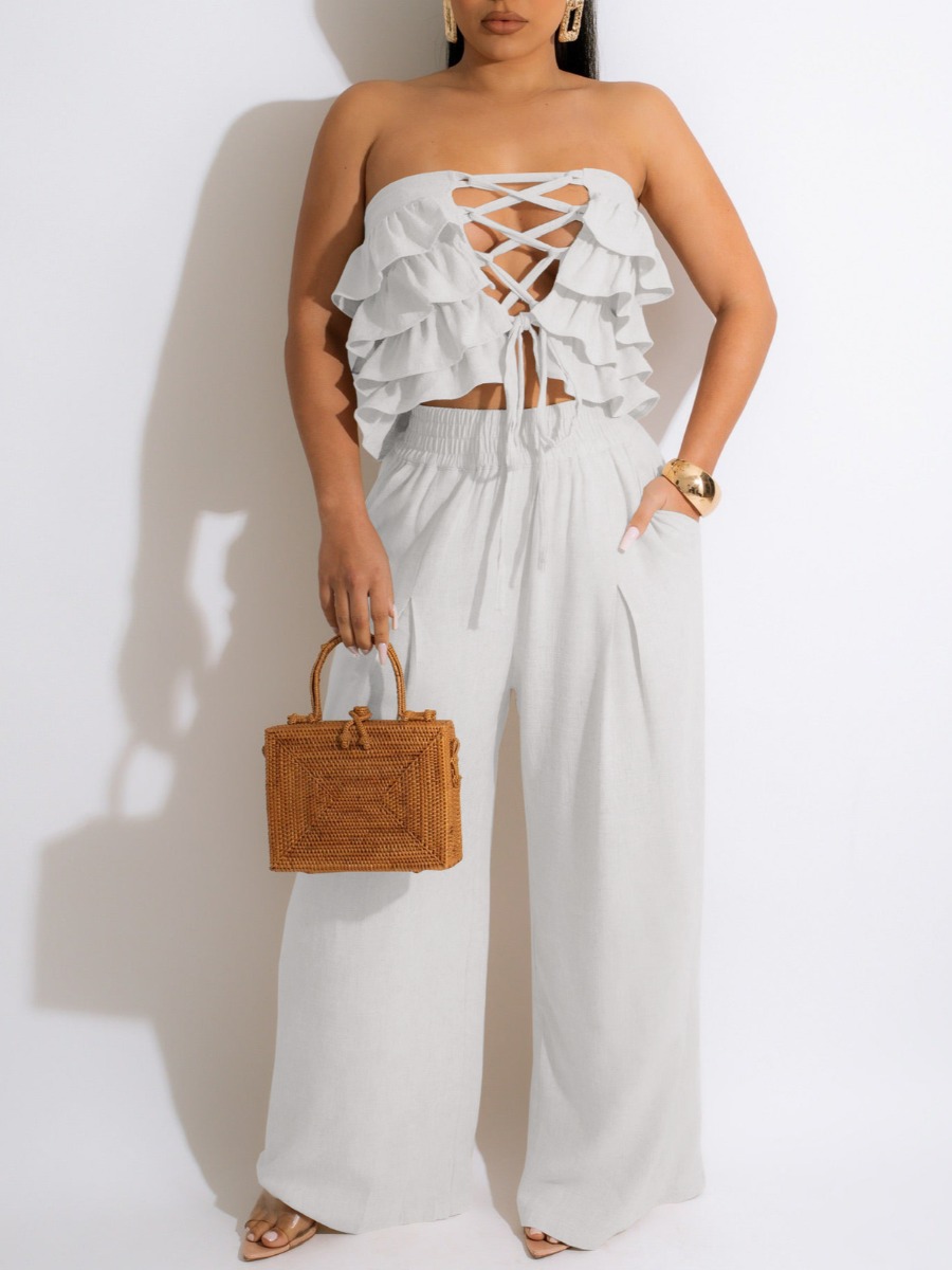 

LW SXY Layered Cascading Founce Design Pants Set, Off white