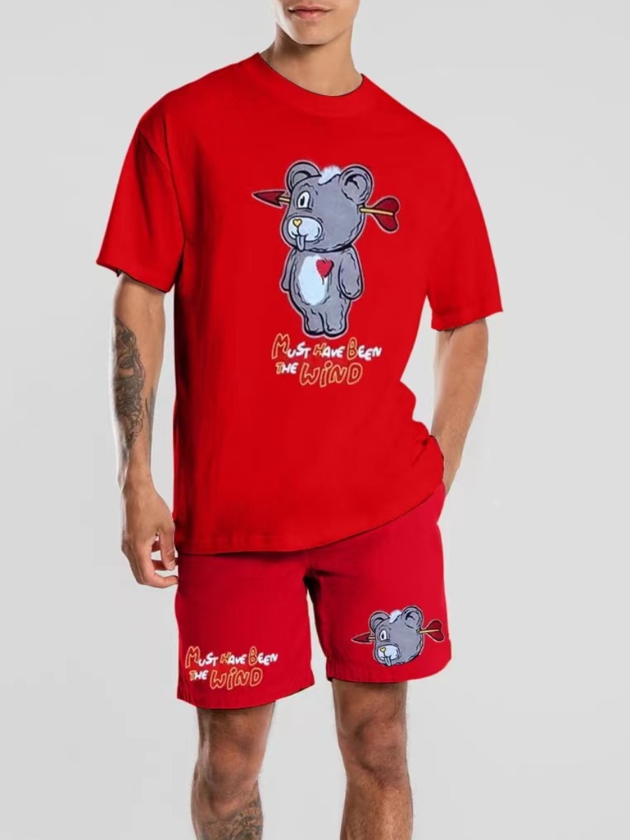 

LW BASICS Men Cartoon Letter Print Shorts Set, Red