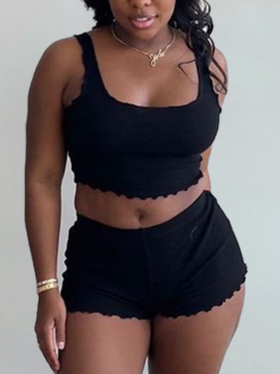 

LW SXY Polyester Solid Color Skinny Yes(Stretch) Two-piece Shorts Set, Black